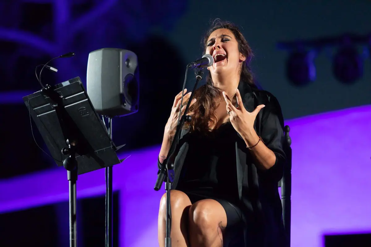 A flamenco singer seated at a microphone, her hands raised, under purple stage light